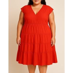 London Times V Neck Tiered Babydoll Mini Dress Red 16